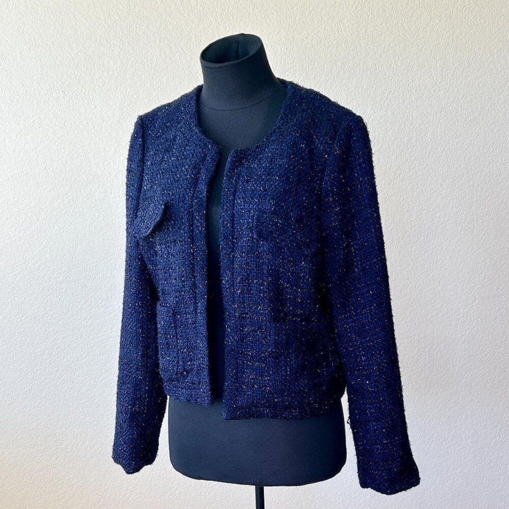 Cynthia Rowley Blue Tweed Jacket M Cropped Blazer Textured Classic Chanel Style